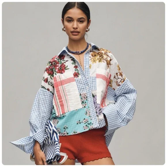 NWT Anthropologie Maeve Long-Sleeve Patchwork Tea Towel Buttondown Shirt 2X - Picture 4 of 17